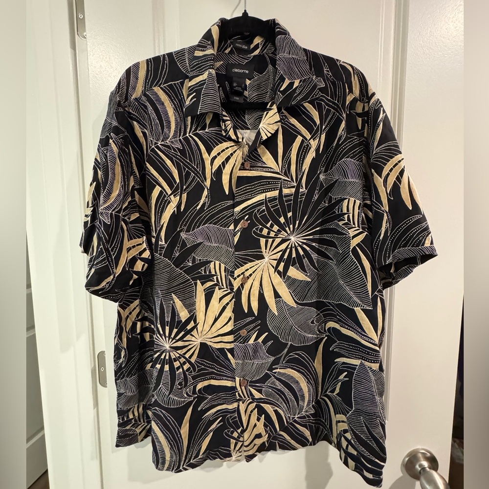 Claiborne Men’s Silk Black and Tan Leaf Print Shirt